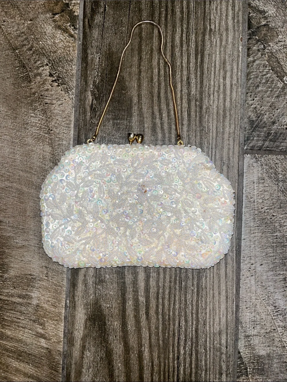Vintage Iridescent White hand made intricate Sequin Evening Clutch w/Gold Chain